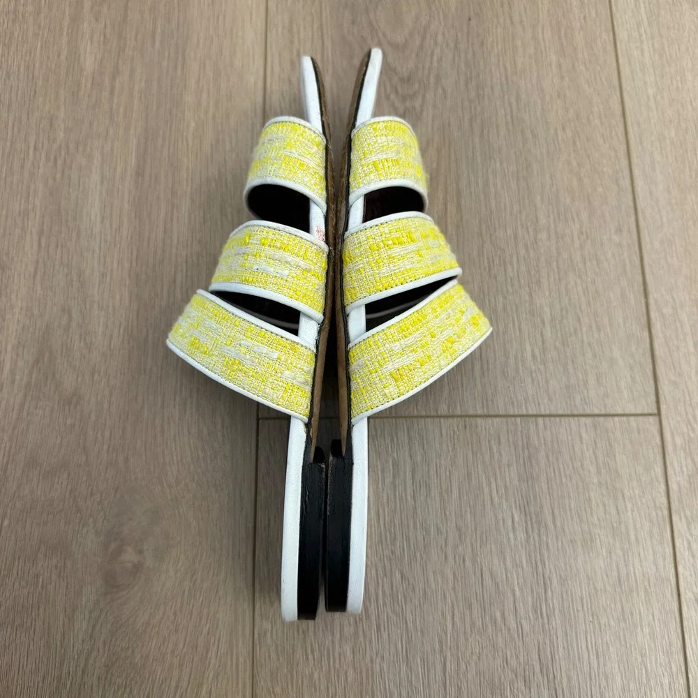 HH STAUD Yellow Tweed Triple Strap Slide Sandal White Leather Trim Flat Slide 38